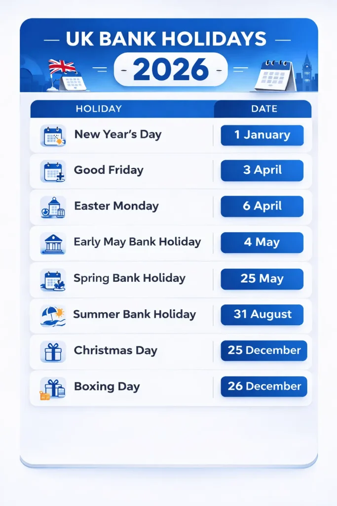 Bank Holiday 2026: Full List of UK Bank Holidays Across England, Scotland, Wales & Northern Ireland 1 bank holiday 2026 1